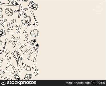 Summer vacation doodle seamless border. Simple line snorkel, mask, flippers, lifebuoy and sea shells drawings on beige background with place for text. Outline vector illustration.
