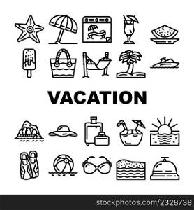 Summer Vacation Enjoying Traveler Icons Set Vector. Hammock And Umbrella For Resting Summer Vacation, Exotic Cocktail And Tropic Fruit Food For Enjoy On Sandy Beach Black Contour Illustrations. Summer Vacation Enjoying Traveler Icons Set Vector