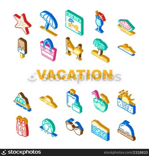 Summer Vacation Enjoying Traveler Icons Set Vector. Hammock And Umbrella For Resting Summer Vacation, Exotic Cocktail And Tropic Fruit Food For Enjoy On Sandy Beach Isometric Sign Color Illustrations. Summer Vacation Enjoying Traveler Icons Set Vector