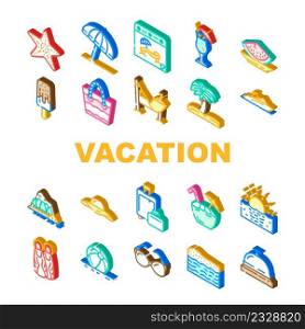 Summer Vacation Enjoying Traveler Icons Set Vector. Hammock And Umbrella For Resting Summer Vacation, Exotic Cocktail And Tropic Fruit Food For Enjoy On Sandy Beach Isometric Sign Color Illustrations. Summer Vacation Enjoying Traveler Icons Set Vector