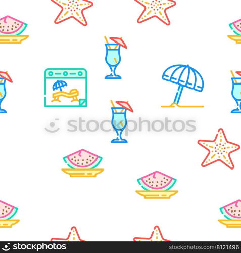 Summer Vacation Enjoying Traveler Vector Seamless Pattern Color Line Illustration. Summer Vacation Enjoying Traveler Icons Set Vector