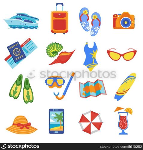 Summer vacation flat icons collection. Summer holiday tropical beach vacation flat icons set with diving snorkel mask flippers equipment abstract vector illustration