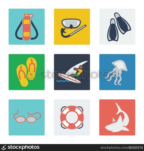 Summer vacation flat icons set. Summer vacation flat icons set with flip flop surfing glass diving elements vector