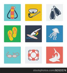 Summer vacation flat icons set. Summer vacation flat icons set with flip flop surfing glass diving elements vector