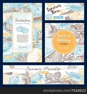 Summer vacation holidays, welcome to paradise invitation sketch and calligraphy quotes. Vector sea shells and ocean corals, holiday travel summer beach vacations journey and spa resort. Summer paradise skethc, beach holiday vacations