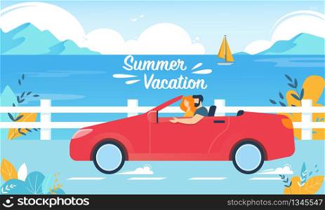 Summer Vacation Horizontal Banner. Happy Couple Driving Red Cabriolet Car on Seascape Background. Young Man and Woman Traveling on Convertible Machine, Honeymoon. Cartoon Flat Vector Illustration. Summer Vacation Happy Couple on Red Cabriolet Car