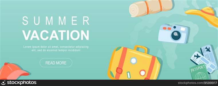 Summer vacation horizontal web banner. Cap, suitcase luggage, mat, photo camera, passport and plane tickets, travel to resort. Vector illustration for header website, cover templates in modern design