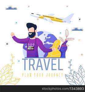 Summer Vacation Journey Planning, Flight in Foreign Country Flat Vector Banner, Poster. Happy Smiling Man Character with Vintage Camera Imagining Touristic Travel, Airliner Flying in Sky Illustration