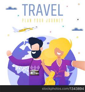 Summer Vacation Journey, Romantic Travel, Flight Around World by Plane Flat Vector Banner. Happy Young Couple with Vintage Camera, Making Selfie, Enjoying Rest, Airliner Flying in Sky Illustration