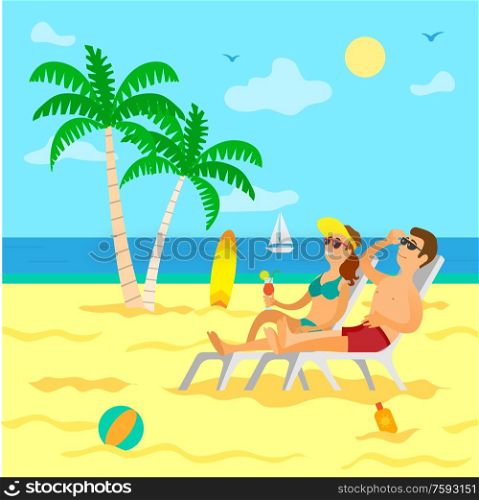 Summer vacation of people laying under sun vector. Couple relaxing on beach, sun lotion and inflatable ball for game, ship and palm tree with foliage. People Relaxing on Beach, Sunbathing Couple Summer