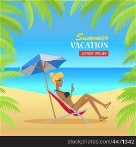Summer Vacation on Tropical Beach Illustration. Summer vacation concept banner. Flat design vector illustration. Leisure on tropical sunny beach with palm trees. Ocean horizon background. Woman relaxing in the shade under umbrella. Online on trip.