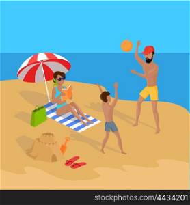 Summer Vacation on Tropical Beach Illustration. Summer vacation concept illustration. Vector flat design. Leisure on tropical sunny seaside with family. Beach entertainments and games. Sand castle building and volleyball in a tropical country