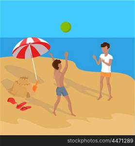 Summer Vacation on Tropical Beach Illustration. Summer vacation concept illustration. Vector flat design. Leisure on tropical sunny seaside with friends. Beach entertainments and games. Sand castle building and volleyball in a tropical country.