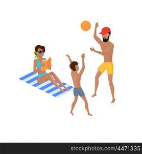 Summer Vacation on Tropical Beach Illustration. Summer vacation concept illustration. Vector flat design. Leisure on tropical sunny seaside with family. Beach entertainments and games. Volleyball in a tropical country