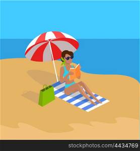 Summer Vacation on Tropical Beach Illustration. Summer vacation. Vector flat design. Leisure on tropical sunny seaside. Woman reading book in the shade of umbrella on a sand beach in the tropical country. Sunbathing and relaxing on the seashore.