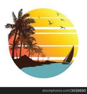summer vacation on tropical beach Sunset, with Palm trees ,vector illustration