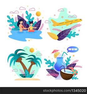 Summer Vacation on Tropical Island Cartoon Set. Advertising Banners Template for Resort in Warm Country and Mobile Application for Ticket and Tour Booking. Flat Vector Natural Illustration. Summer Vacation on Tropical Island Cartoon Set