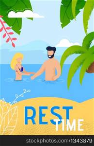 Summer Vacation on Tropical Resort Flat Vector Vertical Ad Banner, Poster or Flyer Template. Happy Couple Resting on Beach, Laughing and Having Fun, Enjoying Swimming Together in Sea Illustration