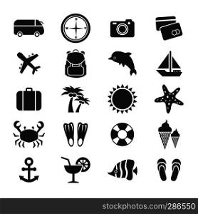 Summer vacation or travel icons collection. Summer symbol airplane and passport. Vector illustration. Summer vacation or travel icons collection