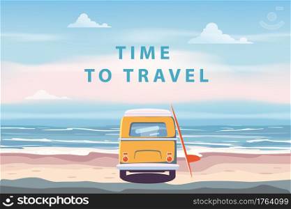 Summer Vacation Poster Time To Travel. Beach camping van, bus with surfboard seascape palms, ocean. Vector illustration retro, vintage, illustration. Summer Vacation Poster Time To Travel. Beach camping van, bus with surfboard seascape palms, ocean. Vector illustration retro, vintage, illustration, banner background