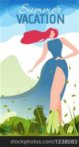 Summer Vacation Poster with Pretty Cartoon Woman. Beautiful Lady with Long Wave Hair in Elegant Long Dress. Flat Natural Landscape and Skyline. Vector Invitation for Outdoors Recreation Illustration. Summer Vacation Poster with Pretty Cartoon Woman