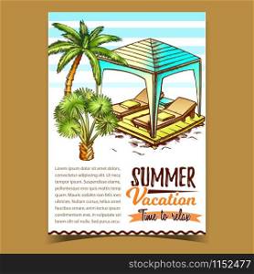 Summer Vacation Relax Advertising Banner Vector. Summer Beach Chairs Under Canopy At Coast. Towels On Deckchairs For Cozy Luxurious Holiday By Sea And Palm Trees. Luxury Sun Lounger Illustration. Summer Vacation Relax Advertising Banner Vector