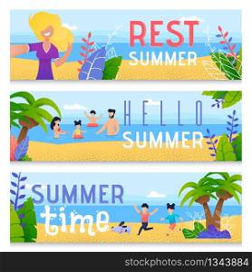 Summer Vacation Rest, Family Leisure on Tropical Seacoast Flat Vector Horizontal Banner, Posters Set. Happy Woman Making Selfie on Beach, Parents with Kids Having Fun, Swimming in Sea Illustration. Summer Family Time Rest Flat Vector Banner Set