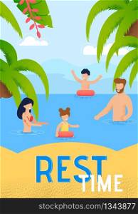 Summer Vacation Rest on Seacoast Flat Vector Vertical Ad Banner, Poster, Flyer Template. Happy Family, Parents with Kids Resting on Tropical Beach, Swimming in Sea with Inflatable Ring Illustration. Summer Family Vacation on Tropical Resort Vector