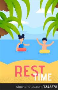Summer Vacation Rest Time Flat Vector Vertical Ad Banner, Poster or Flyer Template with Happy Smiling Children Resting on Tropical Beach, Kids Swimming in Sea Water with Inflatable Ring Illustration