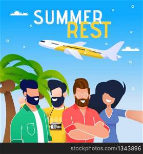 Summer Vacation Rest with Friends, Flight on Tropical Resort Flat Vector Banner, Poster. Happy, Young People Characters, Standing Together Together, Making Selfie, Airliner Flying in Sky Illustration