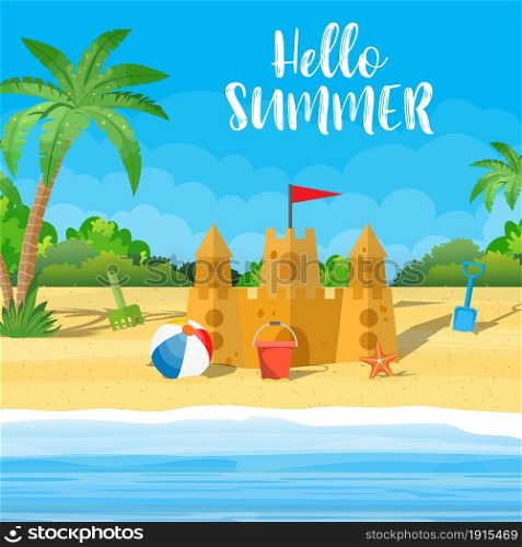 Summer Vacation. Sand Castle, Bucket of Sand and Beach Ball on a Beach, starfish. Vector illustration in flat style. Summer Vacation. Sand Castle,