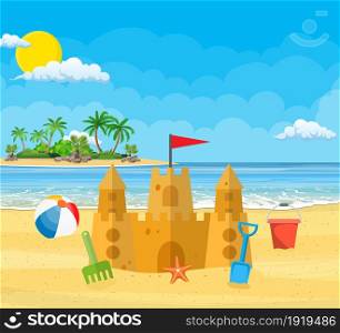 Summer Vacation. Sand Castle, Bucket of Sand and Beach Ball on a Beach, starfish. Vector illustration in flat style. Summer Vacation. Sand Castle,