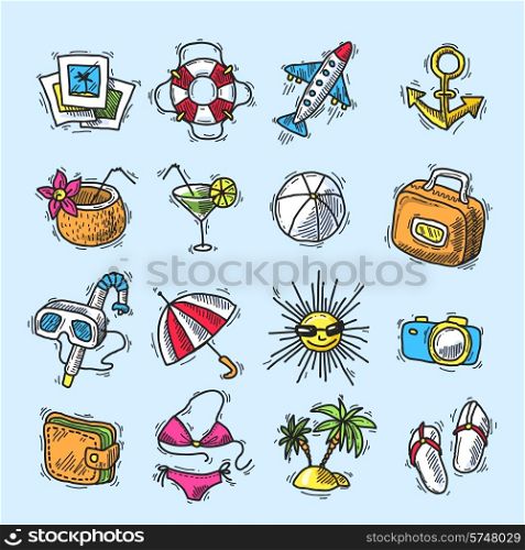 Summer vacation sea tourism colored sketch decorative icons set with coconut cocktail suitcase isolated vector illustration