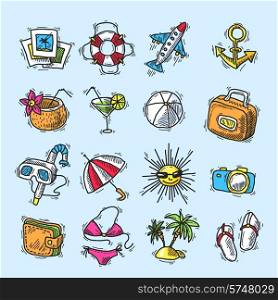 Summer vacation sea tourism colored sketch decorative icons set with coconut cocktail suitcase isolated vector illustration