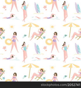 Summer vacation seamless pattern,Group girls on beach,funny active female characters,texture background,trendy vector illustration