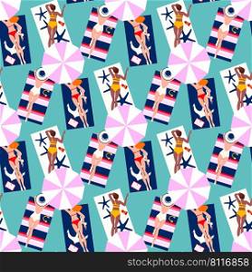 Summer vacation seaside background seamless pattern. Hand drawn, relaxed beautiful people on the beach. Sexy girls lying on sand, top view vector