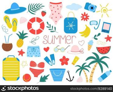 Summer vacation set of elements. Cute attributes of summer beach holiday. Collection palm tree, fruits, bathing and leisure items, hand drawn isolated vector illustration. Summer vacation set of elements