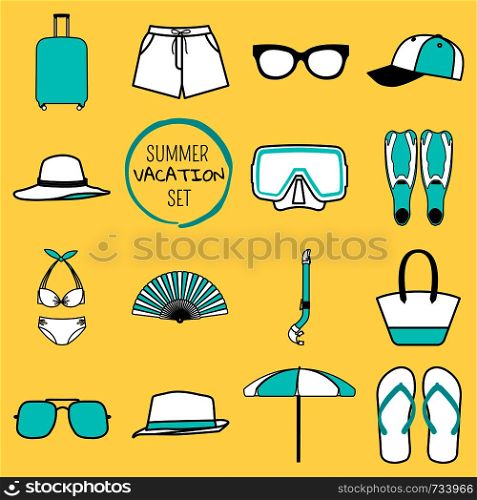 Summer vacation set. Summer things. Isolated vector illustration on white background.. Summer vacation set. Summer things.