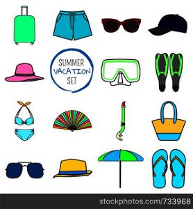 Summer vacation set. Summer things. Isolated vector illustration on white background.. Summer vacation set. Summer things.