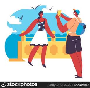 Summer vacation spent by a seaside, woman posing for photo by beach, sea and seagulls. Woman with man taking photography on smartphones. Resort or rest, summertime break. Vector in flat style. Woman posing for photo, summer vacation vector