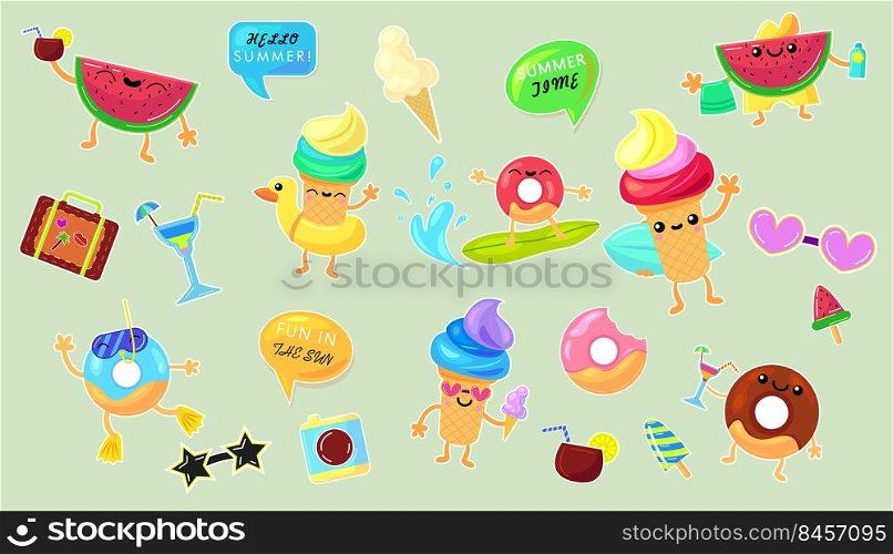 Summer vacation stickers set. Beach party elements, ice cream, rubber ring, watermelon, tropical cocktail. Vector illustration for swimming pool activities, holiday, leisure, travel concept