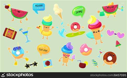 Summer vacation stickers set. Beach party elements, ice cream, rubber ring, watermelon, tropical cocktail. Vector illustration for swimming pool activities, holiday, leisure, travel concept