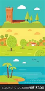 Summer Vacation Touristic Landscapes Vector Set. Summer vacation touristic landscapes set. Italian medieval castle tower, spanish farm olive garden, tropical seacoast with palms horizontal vector banners. For travel company, touristic attractions