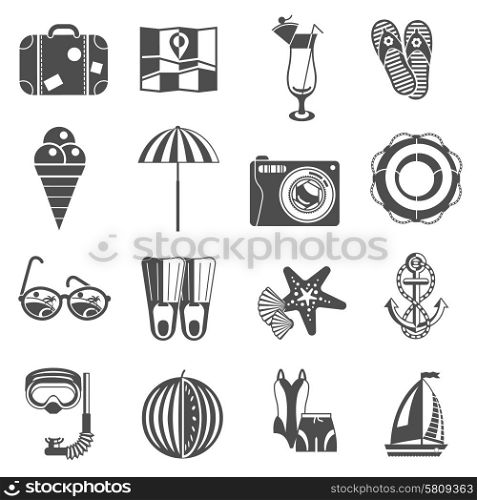 Summer vacation travel black graphic icons set with starfish sailboat anchor and martini abstract isolated vector illustration. Summer vacation icons set black
