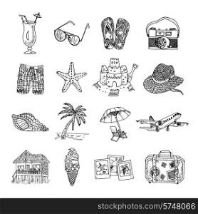 Summer vacation travel black graphic icons set with sun palm beach and martini isolated doodle vector illustration