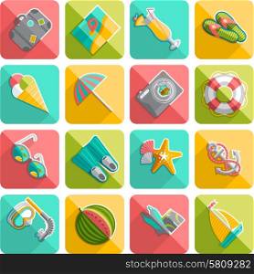 Summer vacation travel flat icons set with palm beach sunglasses diagonal slanted shadow abstract isolated vector illustration. Summer vacation icons flat diagonal slanted