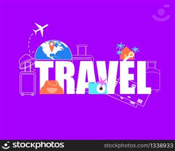 Summer Vacation Travel Flat Vector Concept or Banner. Airplane Flying around World Globe, Destination Pin on Map, Baggage Gags, Airline Tickets Illustration. Touristic Postal Card Card Design Template