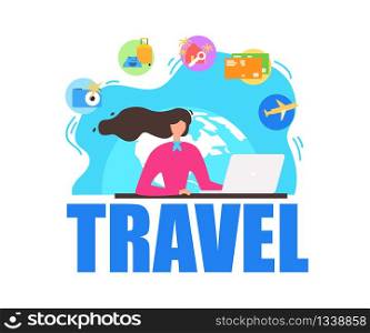 Summer Vacation Travel Flat Vector Concept. Woman Searching Leisure and Recreation Opportunities, Booking Tickets Online, Reserving Hotel Rooms in Internet Illustration. Touristic Services Banner