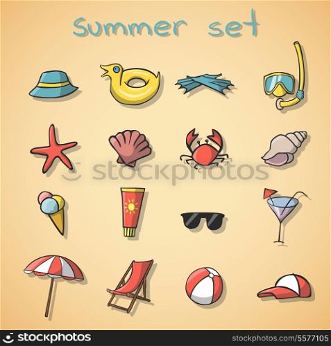 Summer vacation travel icons set of icecream cocktail seashell and beach chair isolated vector illustration
