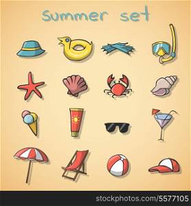 Summer vacation travel icons set of icecream cocktail seashell and beach chair isolated vector illustration